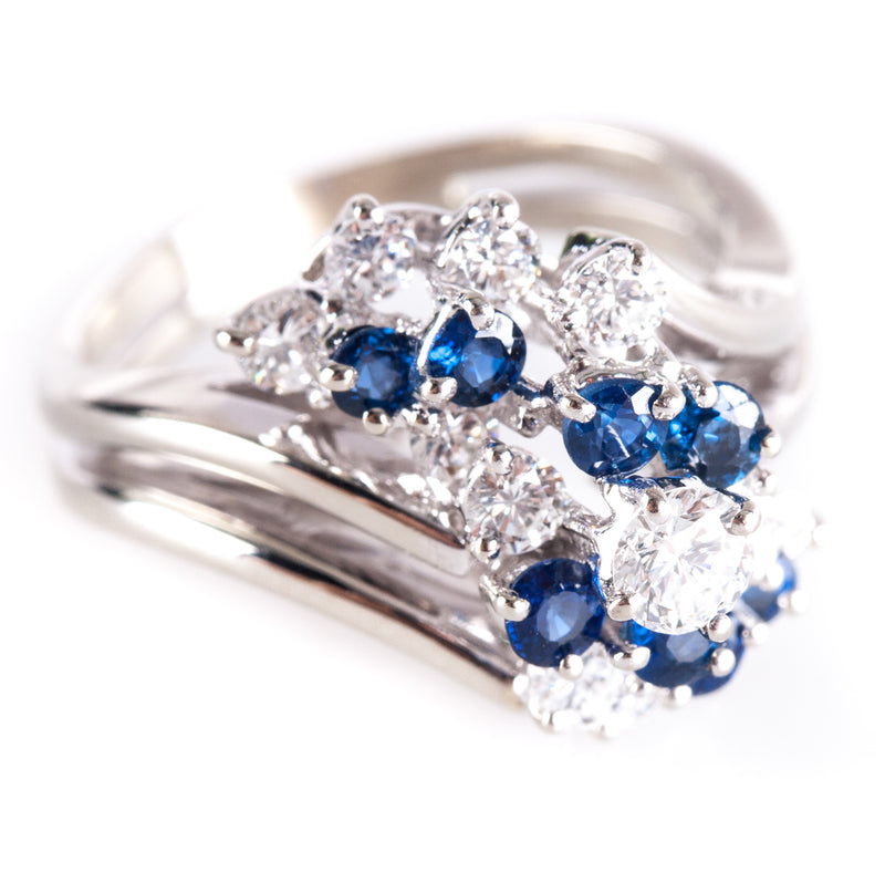 14k White Gold Round Diamond Sapphire Cluster Style Cocktail Ring 1.37ctw 6.0g