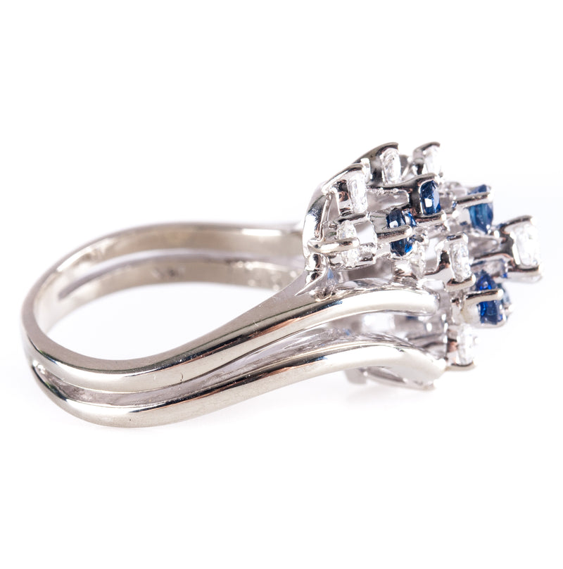 14k White Gold Round Diamond Sapphire Cluster Style Cocktail Ring 1.37ctw 6.0g