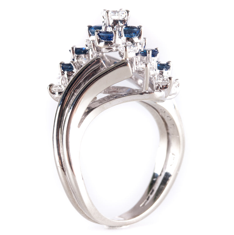 14k White Gold Round Diamond Sapphire Cluster Style Cocktail Ring 1.37ctw 6.0g