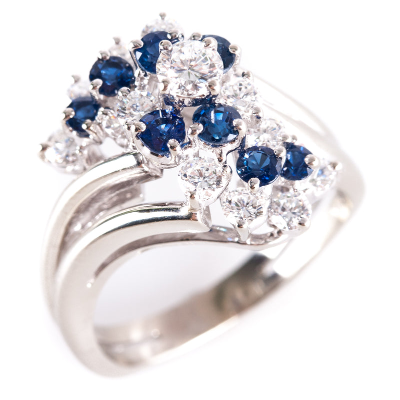 14k White Gold Round Diamond Sapphire Cluster Style Cocktail Ring 1.37ctw 6.0g