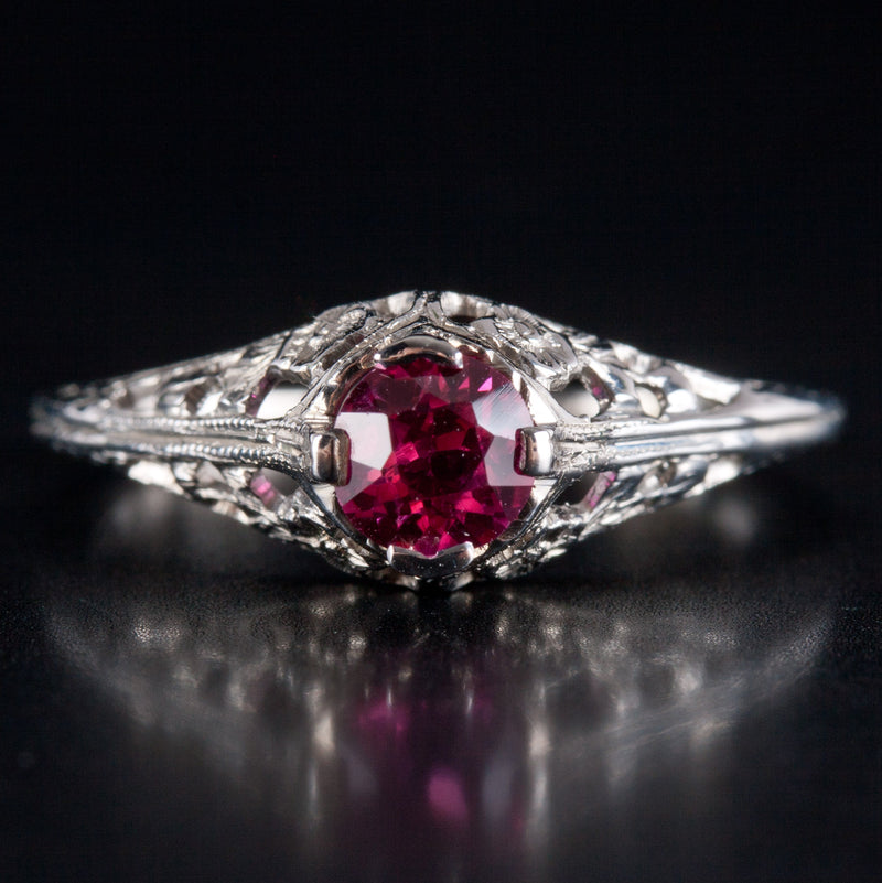 Vintage 1930s 18k White Gold Round Ruby Solitaire Filigree Style Ring .56ct 1.9g