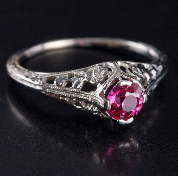 Vintage 1930s 18k White Gold Round Ruby Solitaire Filigree Style Ring .56ct 1.9g