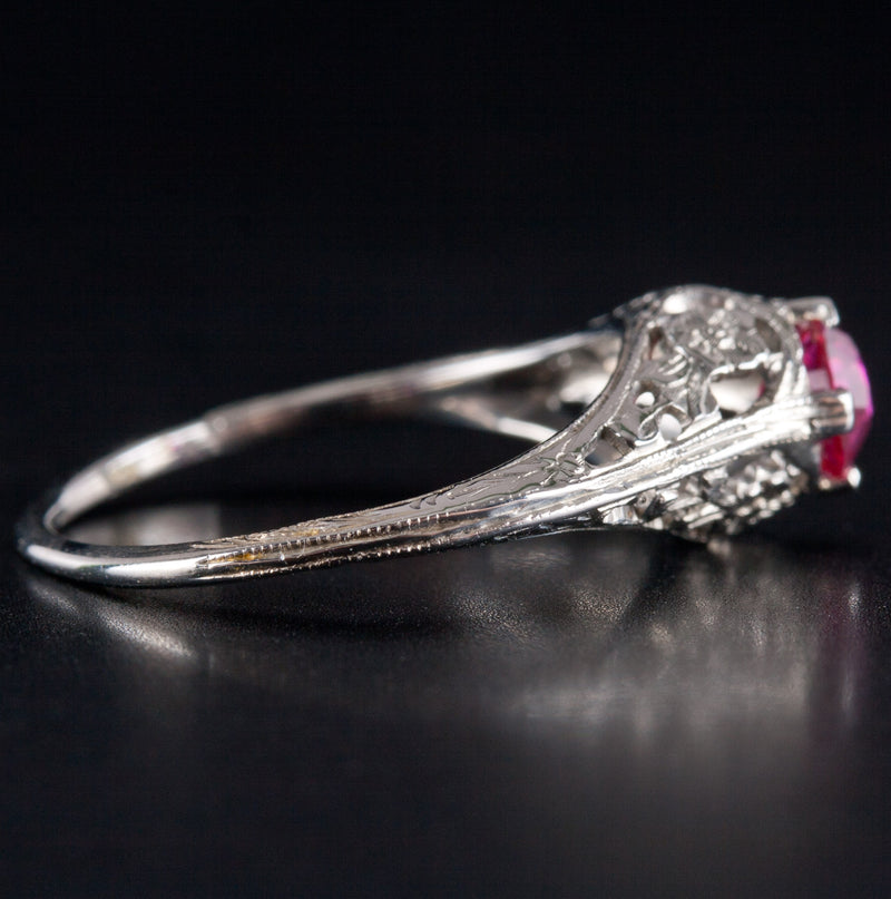 Vintage 1930s 18k White Gold Round Ruby Solitaire Filigree Style Ring .56ct 1.9g