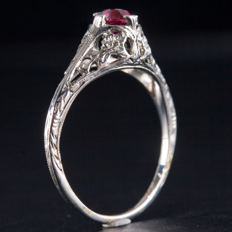 Vintage 1930s 18k White Gold Round Ruby Solitaire Filigree Style Ring .56ct 1.9g