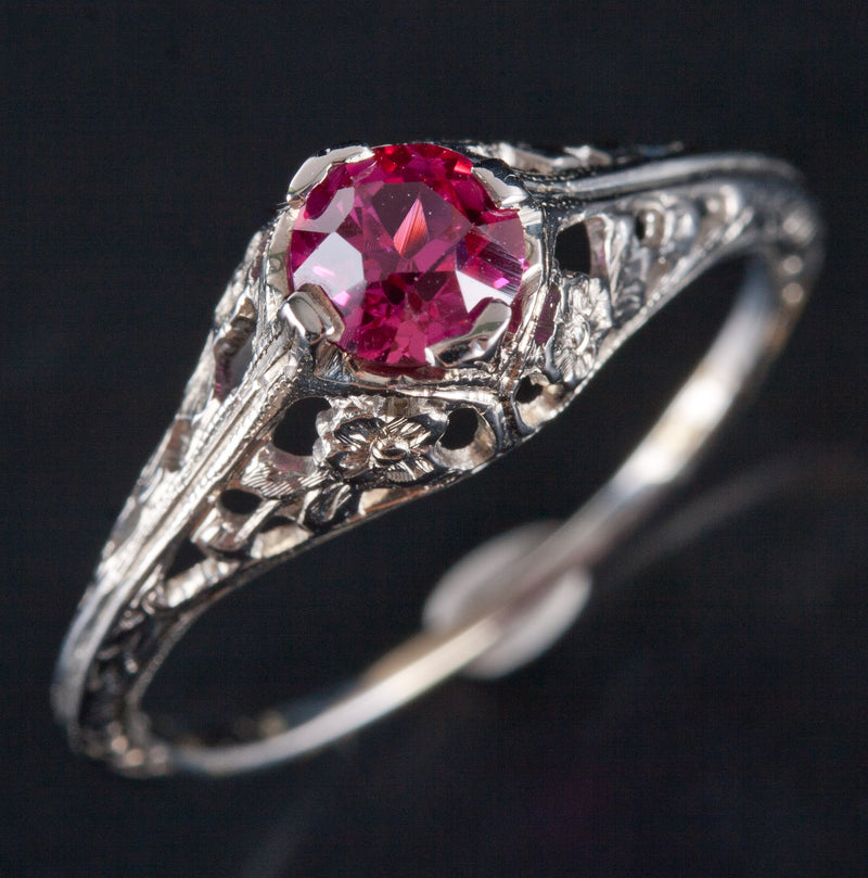 Vintage 1930s 18k White Gold Round Ruby Solitaire Filigree Style Ring .56ct 1.9g