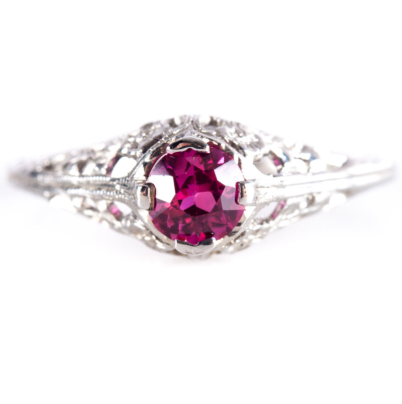 Vintage 1930s 18k White Gold Round Ruby Solitaire Filigree Style Ring .56ct 1.9g