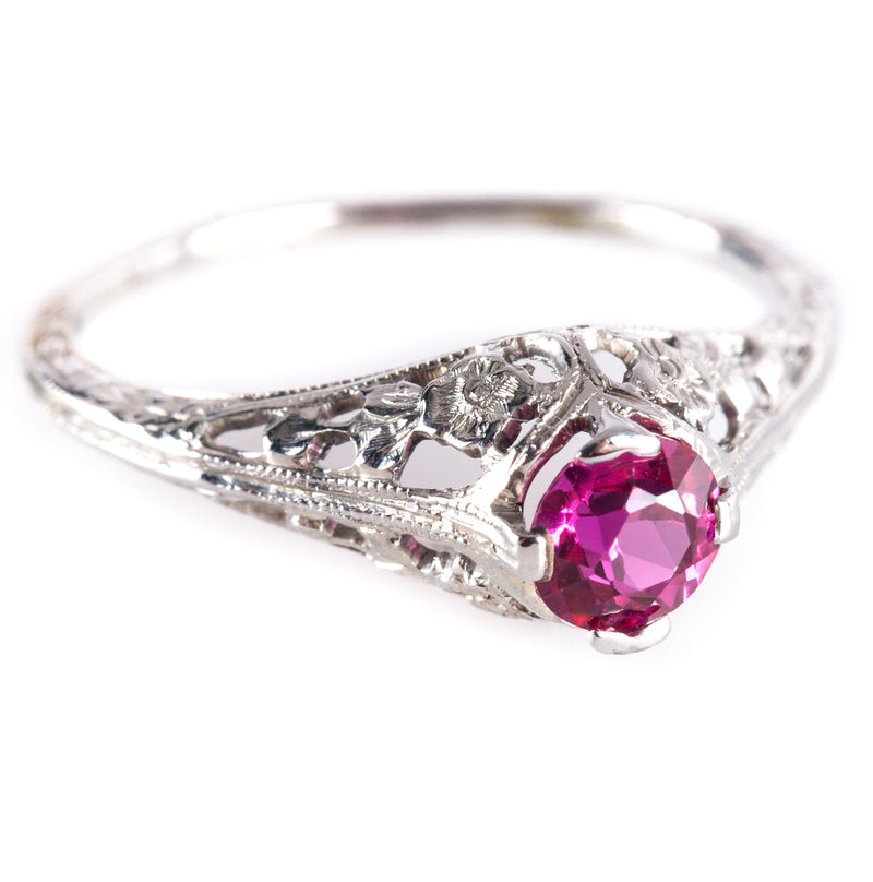 Vintage 1930s 18k White Gold Round Ruby Solitaire Filigree Style Ring .56ct 1.9g