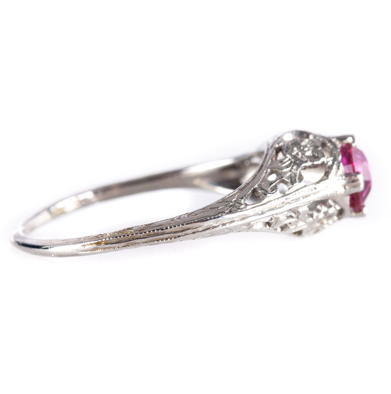 Vintage 1930s 18k White Gold Round Ruby Solitaire Filigree Style Ring .56ct 1.9g