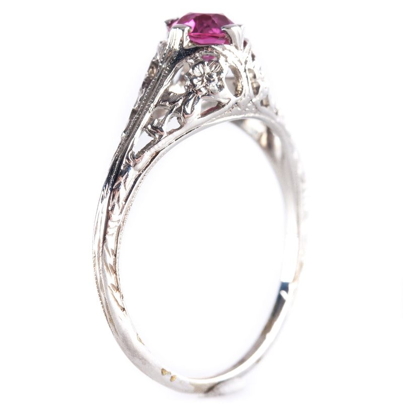 Vintage 1930s 18k White Gold Round Ruby Solitaire Filigree Style Ring .56ct 1.9g