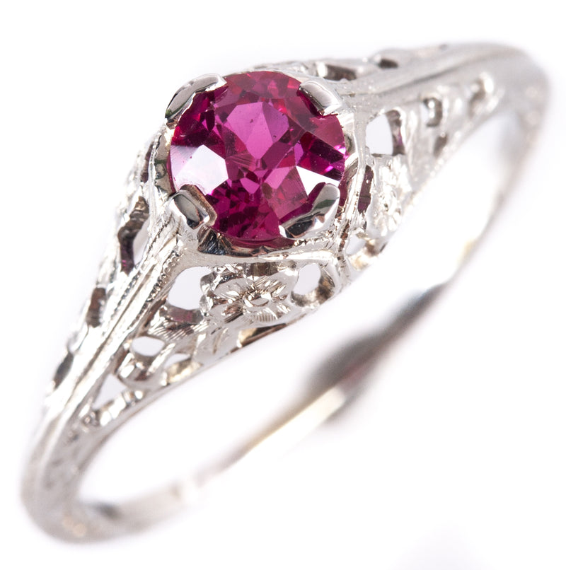 Vintage 1930s 18k White Gold Round Ruby Solitaire Filigree Style Ring .56ct 1.9g