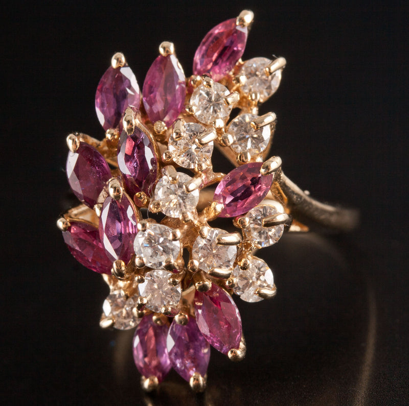 14k Yellow Gold Marquise Ruby Round Diamond Cocktail Style Ring 3.63ctw 6.85g