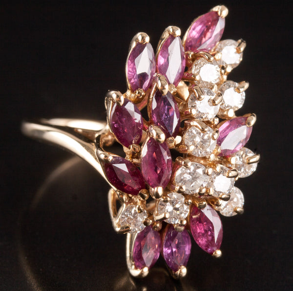 14k Yellow Gold Marquise Ruby Round Diamond Cocktail Style Ring 3.63ctw 6.85g