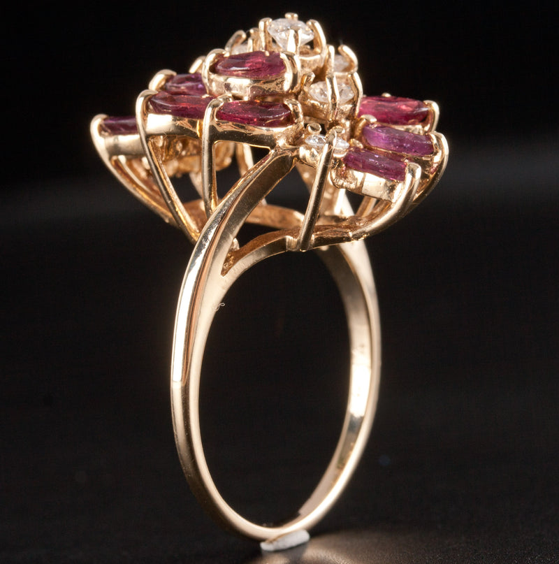 14k Yellow Gold Marquise Ruby Round Diamond Cocktail Style Ring 3.63ctw 6.85g