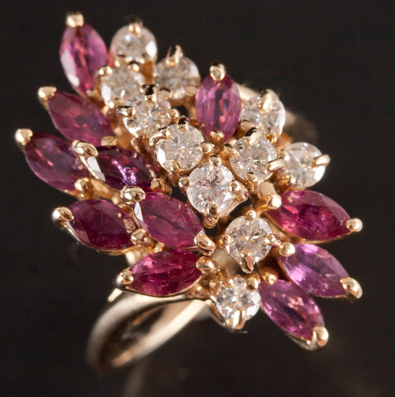 14k Yellow Gold Marquise Ruby Round Diamond Cocktail Style Ring 3.63ctw 6.85g