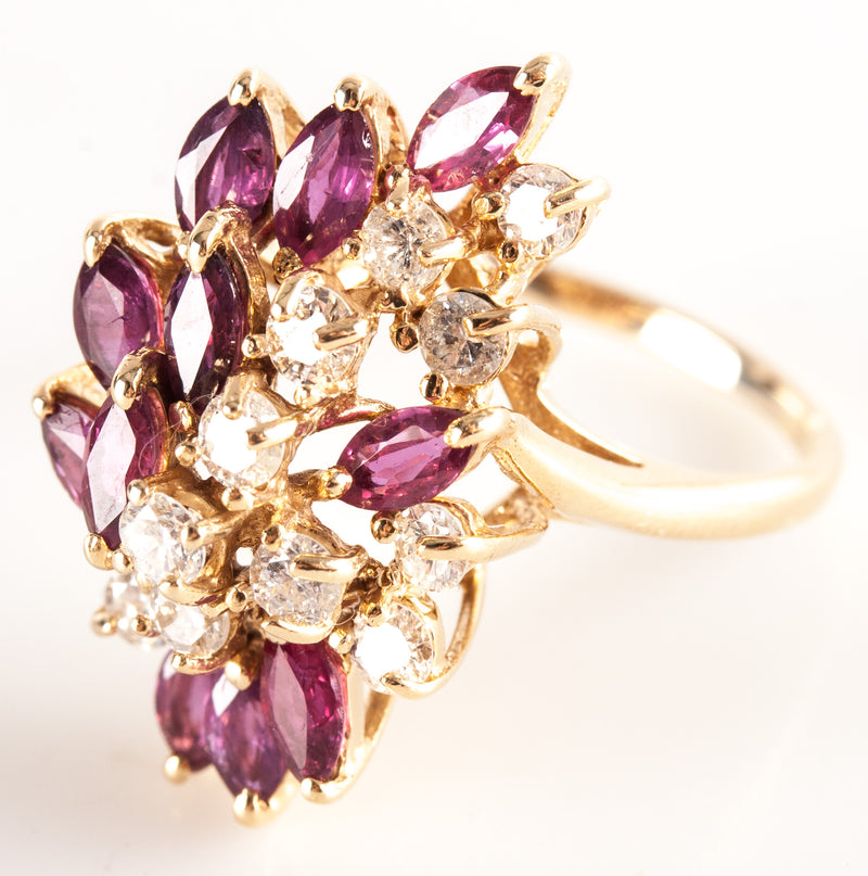 14k Yellow Gold Marquise Ruby Round Diamond Cocktail Style Ring 3.63ctw 6.85g