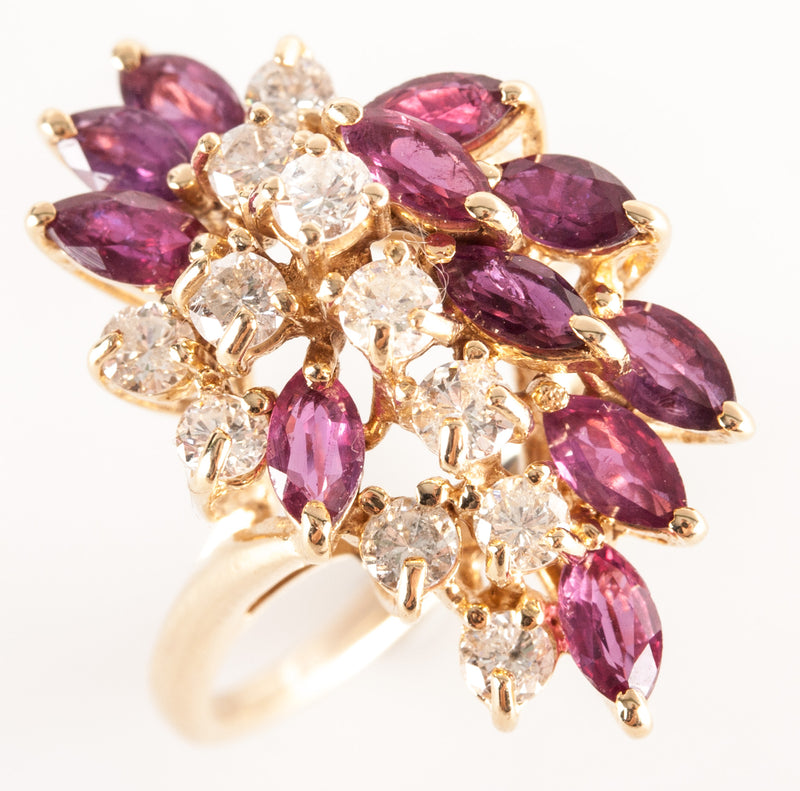 14k Yellow Gold Marquise Ruby Round Diamond Cocktail Style Ring 3.63ctw 6.85g