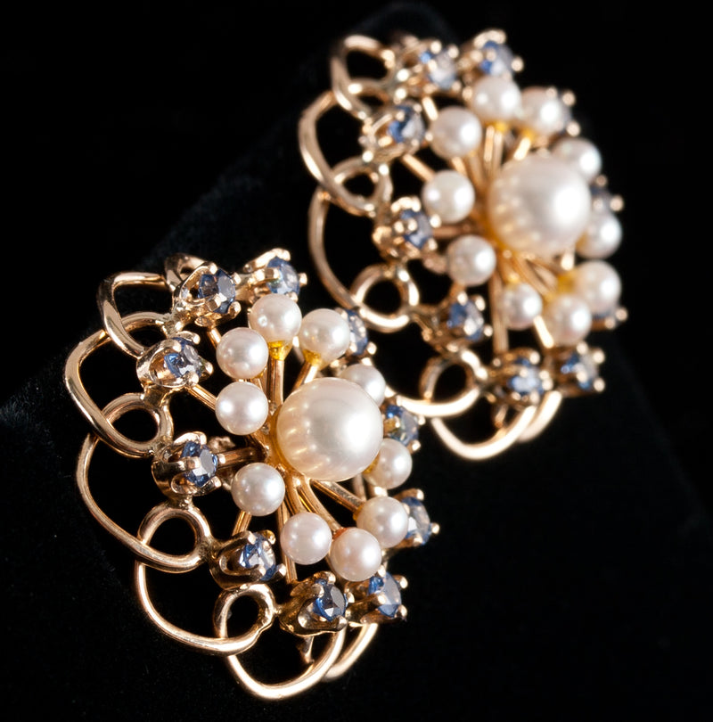 14k Yellow Gold Pearl Sapphire Circular Earrings W/ Butterfly Backs .60ctw 6.13g