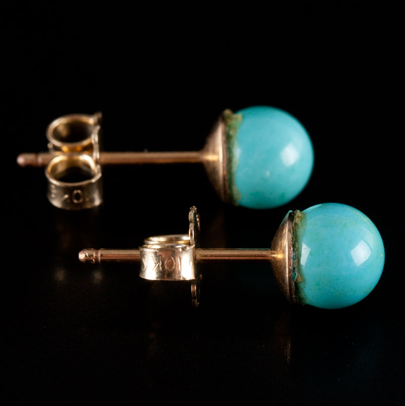 14k Yellow Gold Round Bead Turquoise Solitaire Stud Earrings W/ Butterfly Backs