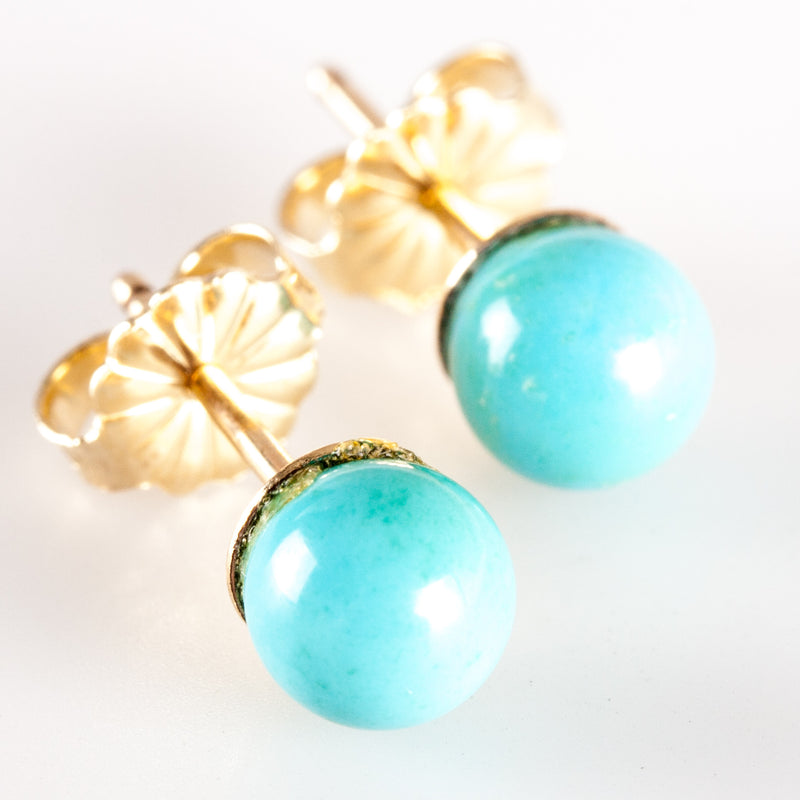 14k Yellow Gold Round Bead Turquoise Solitaire Stud Earrings W/ Butterfly Backs