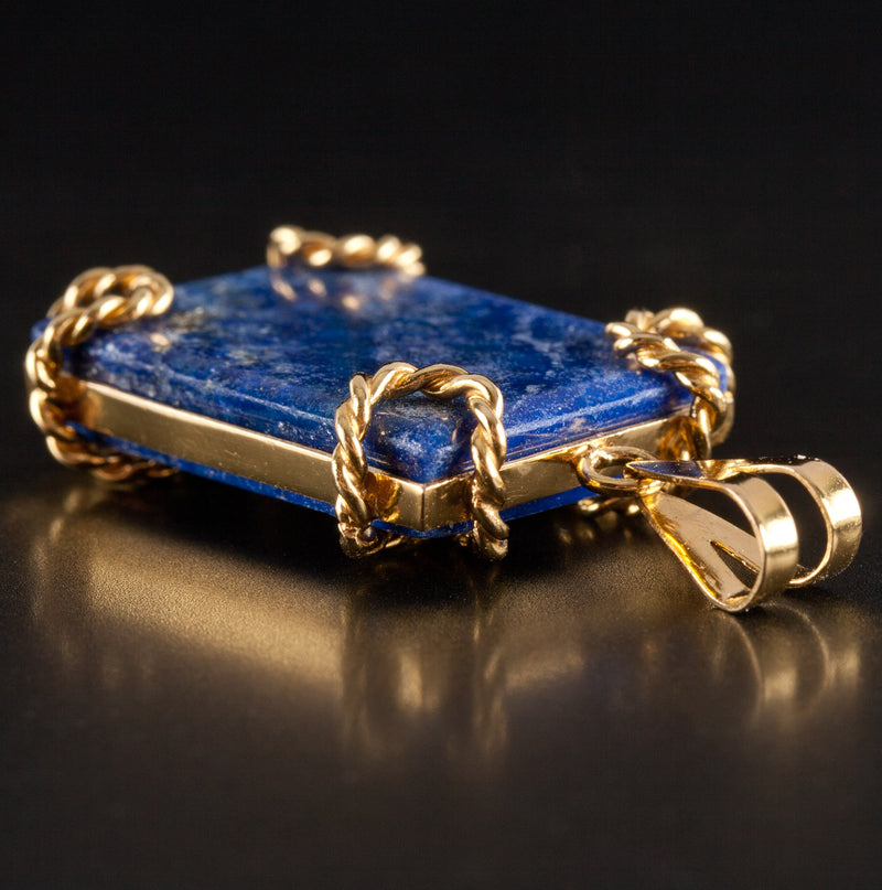 18k Yellow Gold Rectangle AA Lapis Lazuli Reversible Style Pendant 7.10g