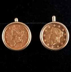 14k Yellow Gold 1849-1854 1$ Liberty Head Type 1 Gold Dollar Cuff Links 7.14g