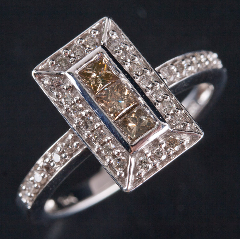 14k White Gold Princess Round Top Light Brown Diamond Cocktail Style Ring .43ctw