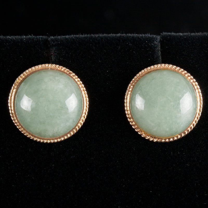 14k Yellow Gold Round Cabochon Jade Solitaire Stud Earrings 2.3g 11.7mm x 11.7mm