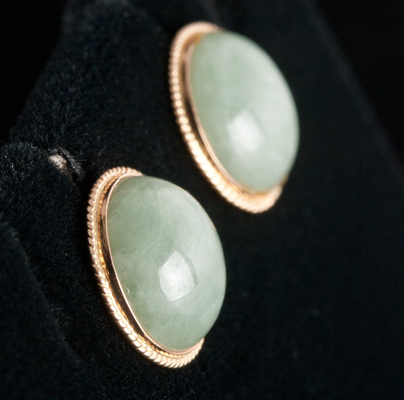 14k Yellow Gold Round Cabochon Jade Solitaire Stud Earrings 2.3g 11.7mm x 11.7mm