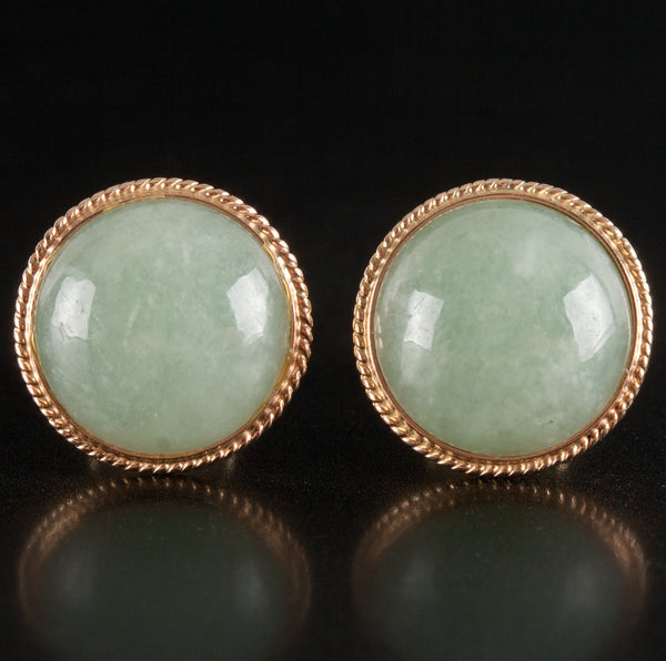 14k Yellow Gold Round Cabochon Jade Solitaire Stud Earrings 2.3g 11.7mm x 11.7mm