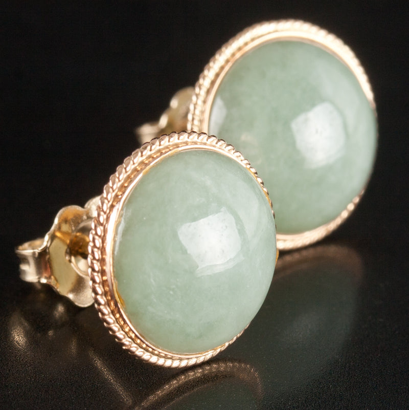 14k Yellow Gold Round Cabochon Jade Solitaire Stud Earrings 2.3g 11.7mm x 11.7mm