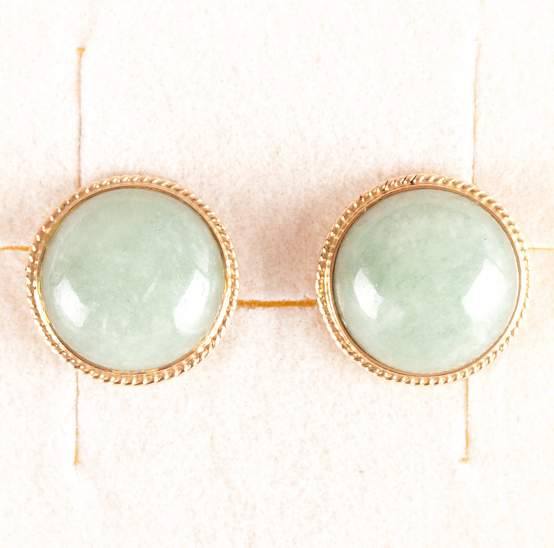 14k Yellow Gold Round Cabochon Jade Solitaire Stud Earrings 2.3g 11.7mm x 11.7mm