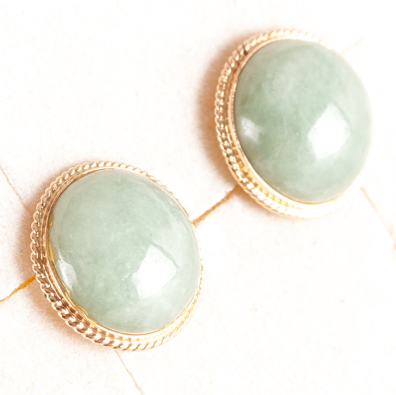 14k Yellow Gold Round Cabochon Jade Solitaire Stud Earrings 2.3g 11.7mm x 11.7mm