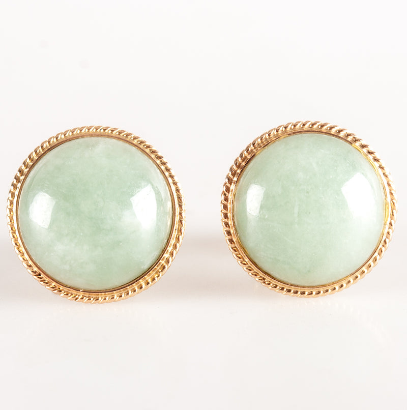 14k Yellow Gold Round Cabochon Jade Solitaire Stud Earrings 2.3g 11.7mm x 11.7mm