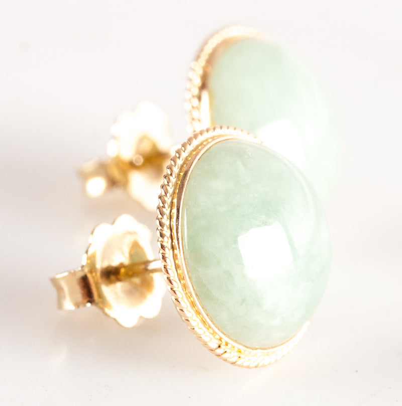 14k Yellow Gold Round Cabochon Jade Solitaire Stud Earrings 2.3g 11.7mm x 11.7mm