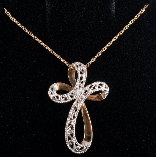 14k Yellow White Gold Cross Necklace W/ 18" Chain 1.40g 21.9mm x 14.4mm