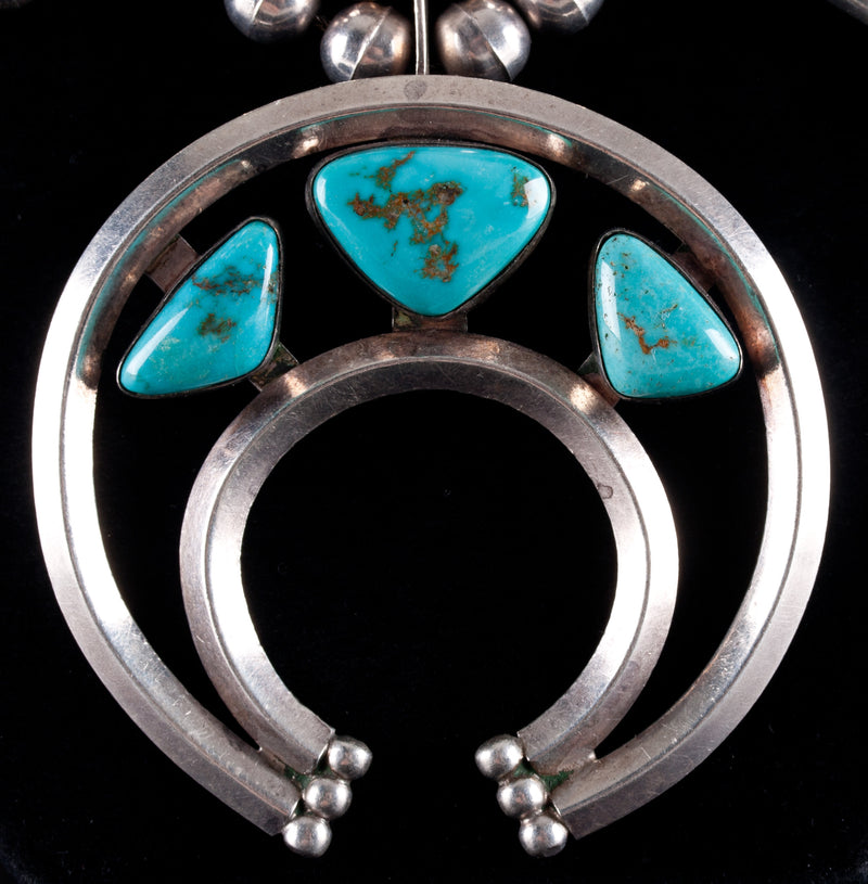 Vintage 1960's Sterling Silver Navajo Cabochon Turquoise Squash Blossom 191.97g