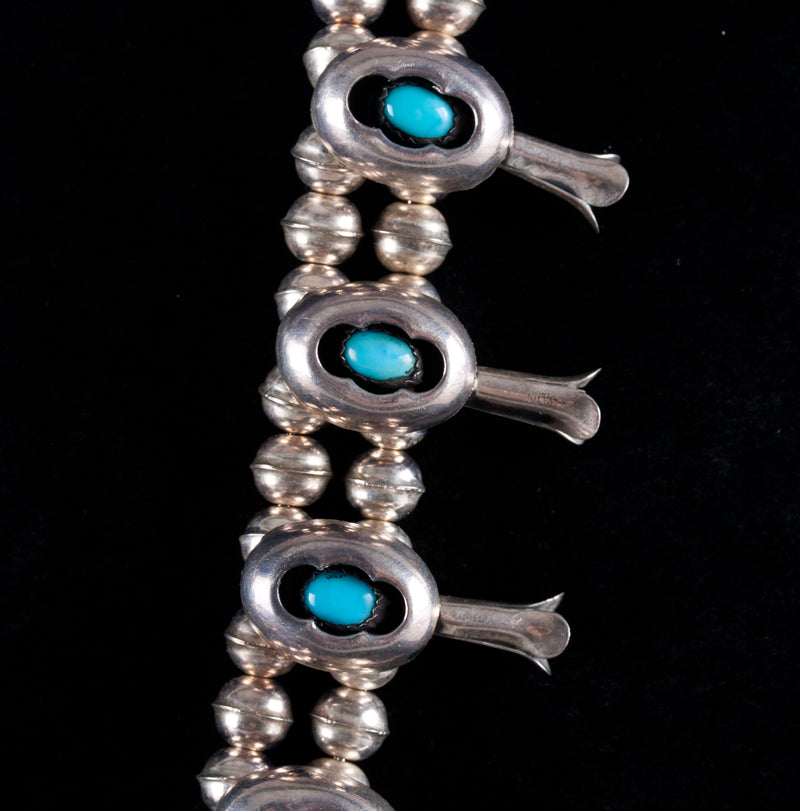 Vintage 1970s Sterling Silver Navajo Sleeping Beauty Turquoise Squash Blossom