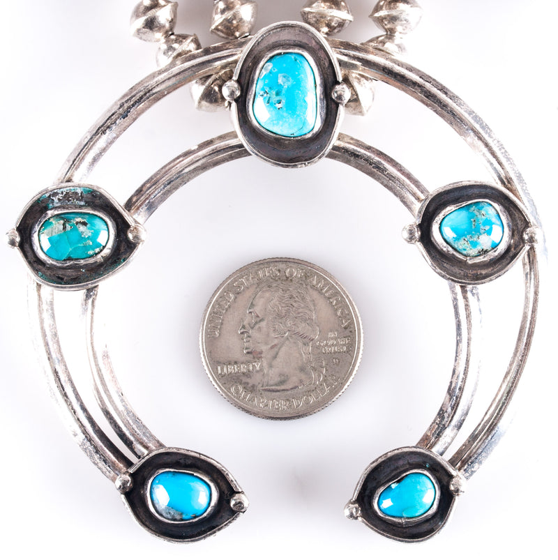 Vintage 1970's Sterling Silver Navajo Cabochon Turquoise Squash Blossom 161.8g