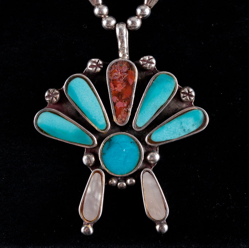 Vintage 1970s Sterling Silver Zuni Turquoise Mother of Pearl Coral Naja Necklace