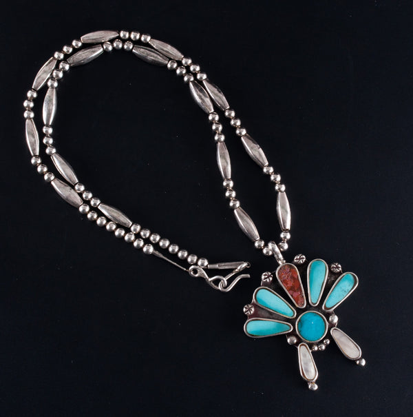 Vintage 1970s Sterling Silver Zuni Turquoise Mother of Pearl Coral Naja Necklace