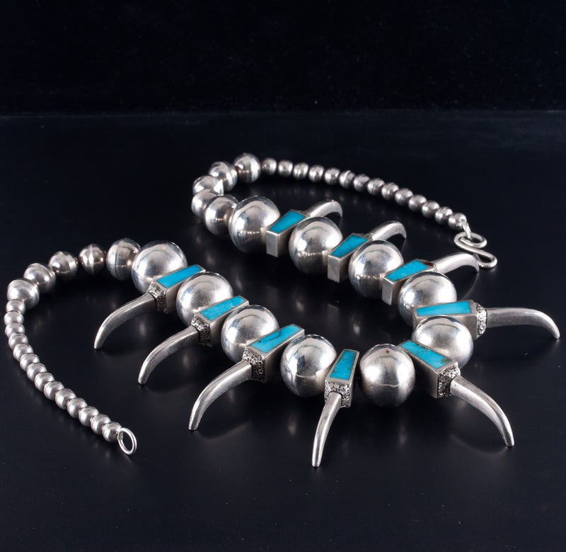 Vintage 1970's Sterling Silver Navajo Inlay Turquoise Claw Style Necklace 243.7g