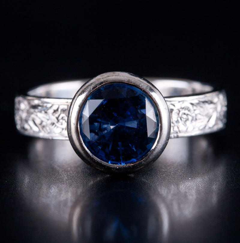 18k White Gold Round AAA Sapphire Solitaire Ring W/ Hand Done Etching 1.90ct
