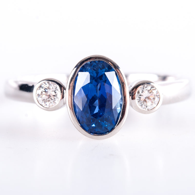 14k White Gold Oval Ceylon Blue Sapphire Round Diamond Ring 1.23ctw 2.75g