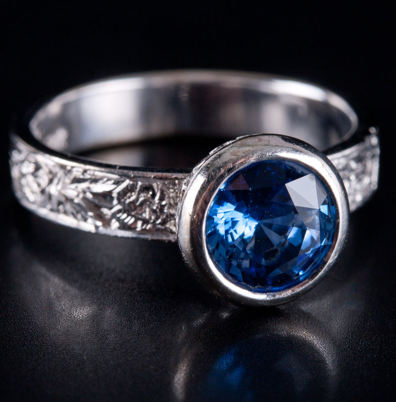 18k White Gold Round AAA Sapphire Solitaire Ring W/ Hand Done Etching 1.90ct