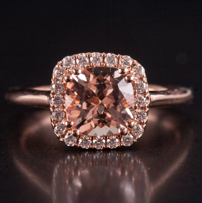 14k Rose Gold Cushion Morganite Diamond Halo Style Engagement Ring 1.70ctw 3.6g