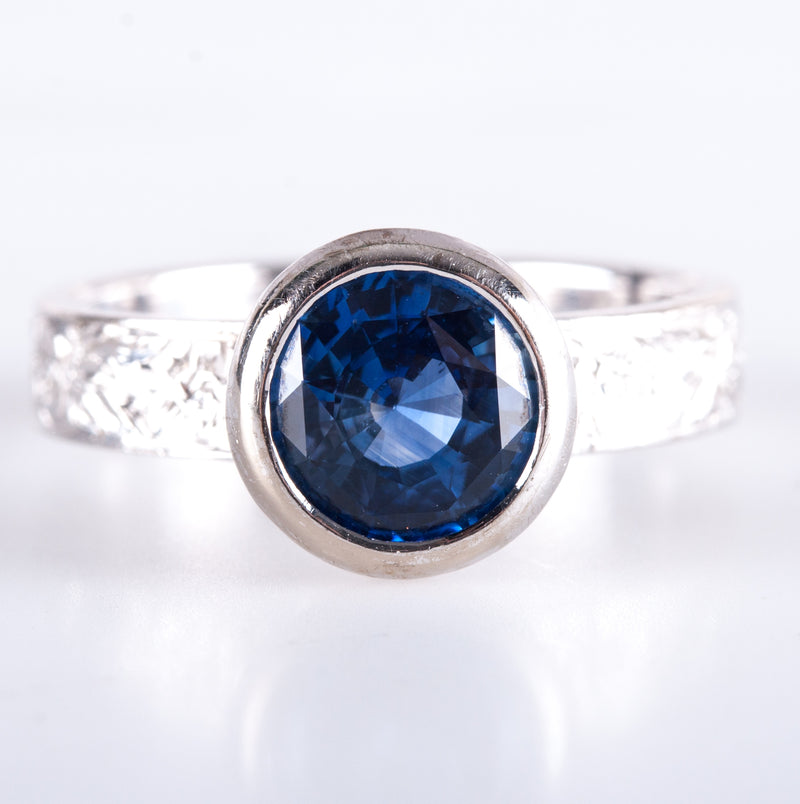18k White Gold Round AAA Sapphire Solitaire Ring W/ Hand Done Etching 1.90ct
