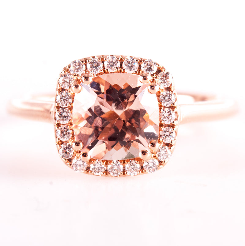 14k Rose Gold Cushion Morganite Diamond Halo Style Engagement Ring 1.70ctw 3.6g