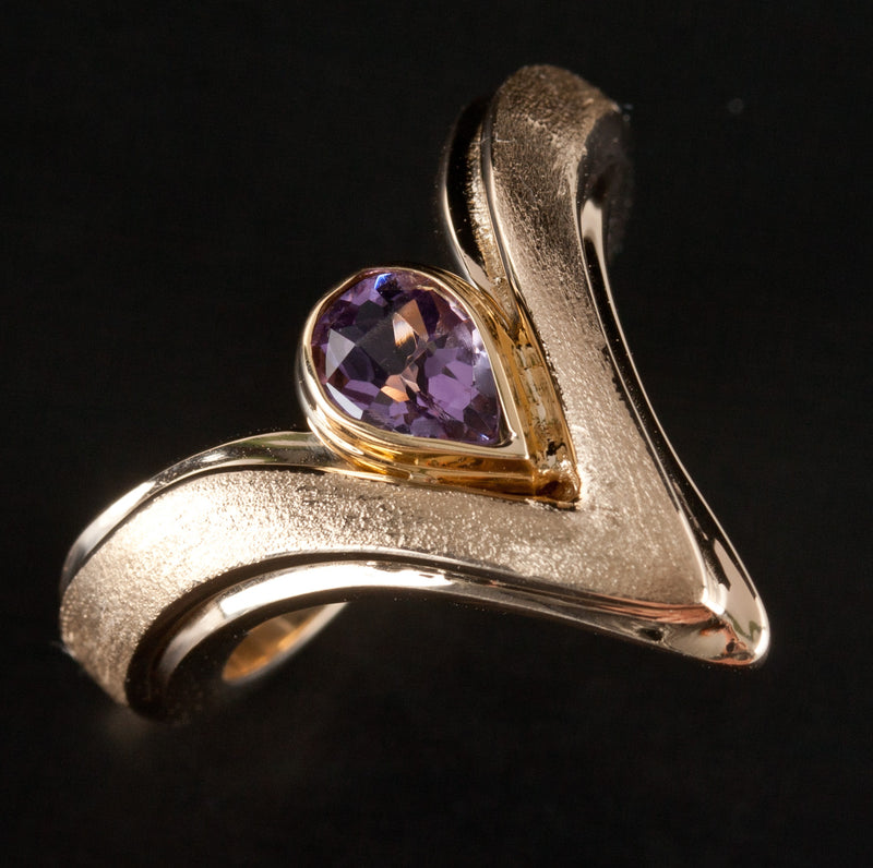 14k Yellow Gold Pear Amethyst Heavy Solid Solitaire Ring .63ct 16.3g