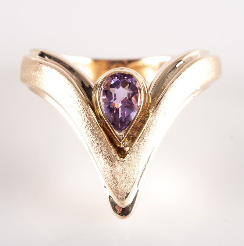 14k Yellow Gold Pear Amethyst Heavy Solid Solitaire Ring .63ct 16.3g