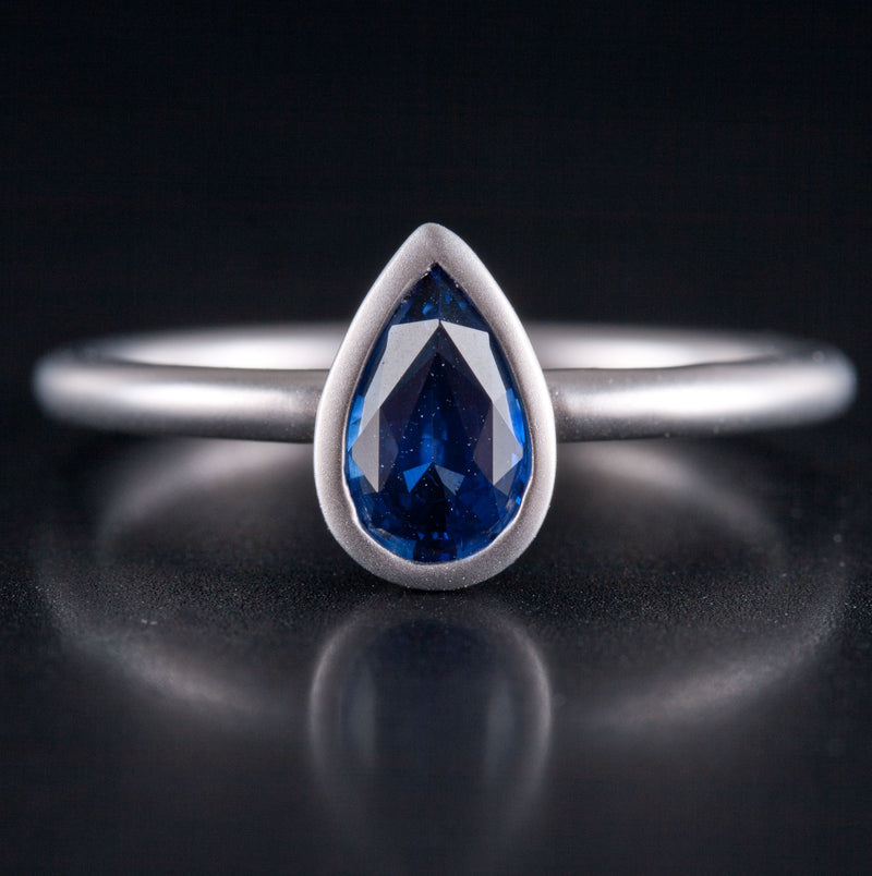 14k White Gold Pear Ceylon Blue Sapphire Solitaire Brush Finish Ring .79ct 2.5g